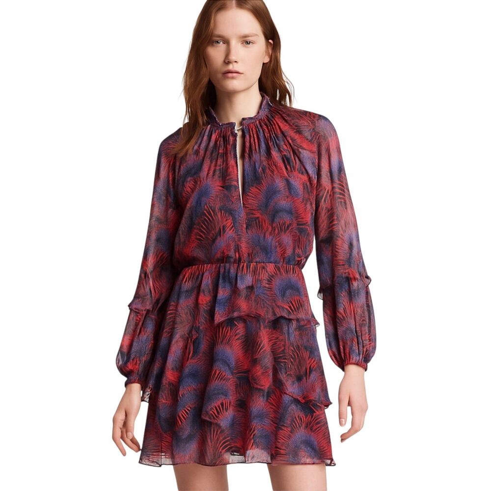IRO Red Blue Abstract Print Ruffle Mini Dress Long Sleeve Size 40 (US 8)